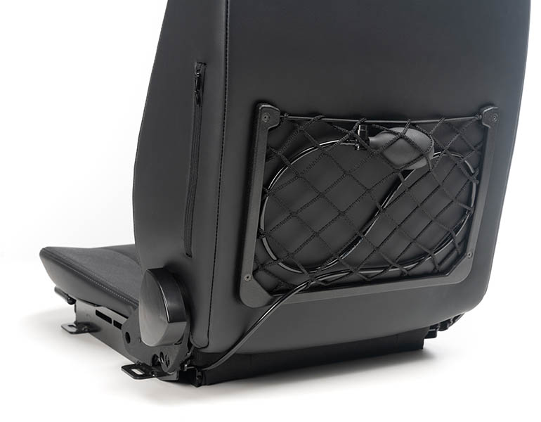 Closeup of the back of seat showing the mesh pocket and pneumatic pump.